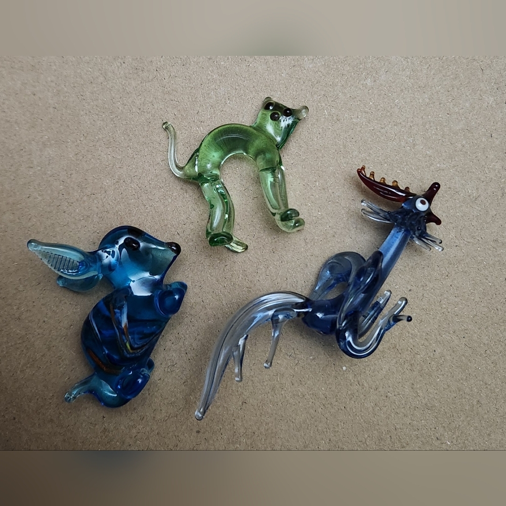 Vintage Hand Blown Glass Figurines Green Murano Style Cat Blue Dragon Blue Bunny